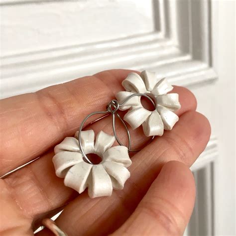 Pearl White Polymer Clay Earrings Botanical Lovely Ceramic Etsy