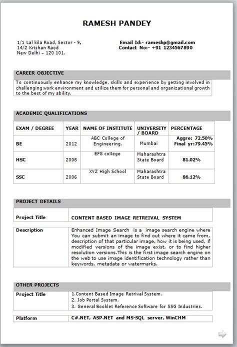 Cv format for freshers is bit different then experienced individuals as freshers have no or very less experience, so focus is on your 4 cv format for freshers. IT Fresher Resume Format in Word