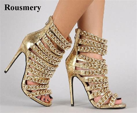Women Fashion Design Gold Chain High Heel Sandals Zipper Up Open Toe