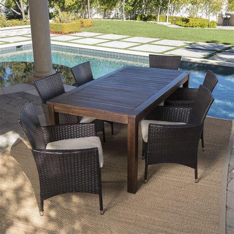 Taft Outdoor 7 Piece Dining Set with Wood Table and Wicker Chairs with ...