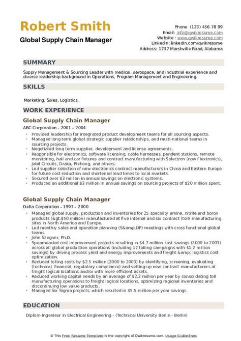 Global Supply Chain Manager Resume Samples Qwikresume