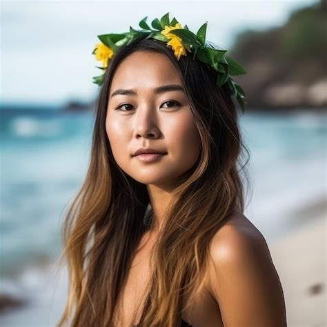 premium ai image portrait of an asian woman on tropical beach
