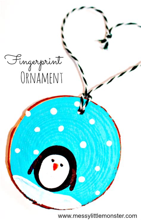 Fingerprint Penguin Wood Slice Ornament Messy Little Monster