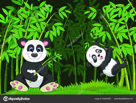 Cartoon Mom Baby Panda Climbing Bamboo Tree Stock Vector By