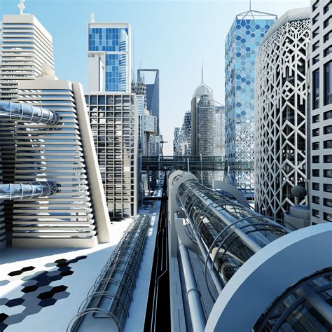 A Futuristic City With Skyscrapers And Train Tracks