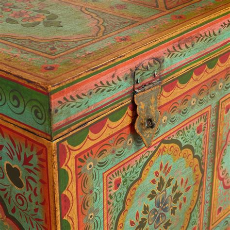 Antique Indian Wooden Hand Painted Storage Chest Trunk Etsy