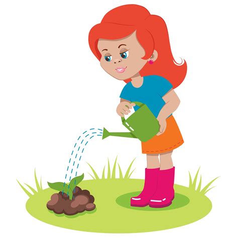 The Girl Is Watering The Plants In The Garden From A Watering Can The