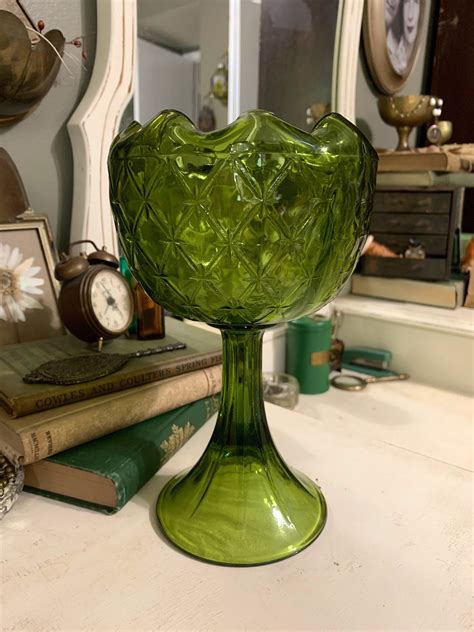 Green Glass Pedestal Vase Midcentury Modern Decor Midcentury Etsy In 2021 Green Glass
