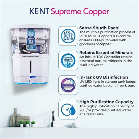 Wall Mounted Kent Supreme Copper Rouv Water Purifier 8 L Ro Uv