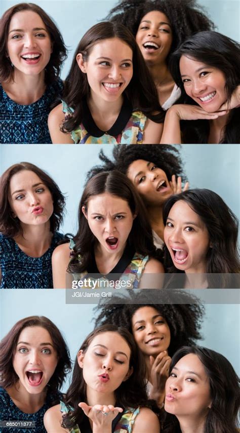 Series Of Women Making Faces In Photo Booth High Res Stock Photo