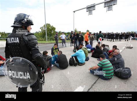 Bregana Slovenia September 20 2015 The Police Watching The Syrian Refugees On The Blocked