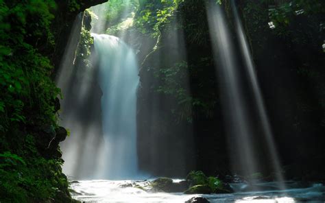 Waterfall And Sunlight In Cave Hd Wallpaper Background
