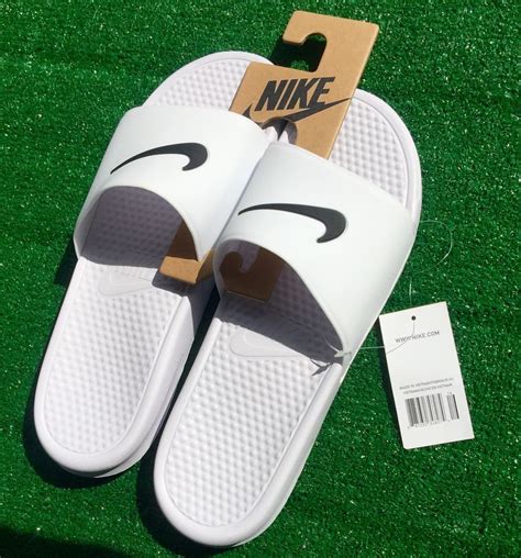 Men Shoes Nike Benassi Swoosh Slides White Black Slipper Shower Beach