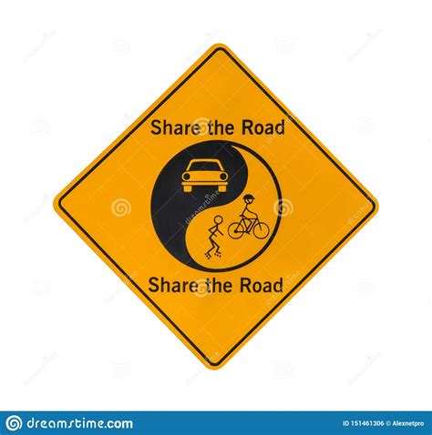 Share The Road Yellow Sign Isolated On White Background Stock Photo