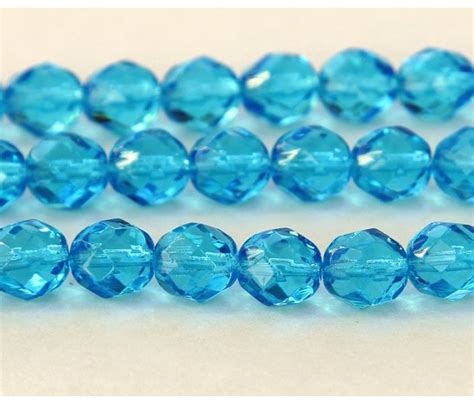 Aquamarine Czech Glass Beads 8mm Faceted Round Golden Age Beads