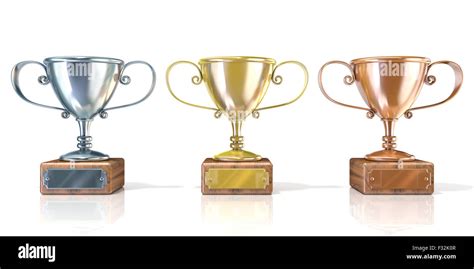 Three Cup Trophies Gold Silver And Bronze 3d Render Illustration