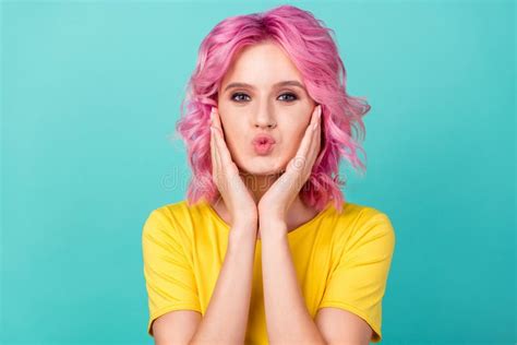 Photo Of Millennial Flirty Pink Hairdo Lady Hands Cheeks Blow Kiss Wear