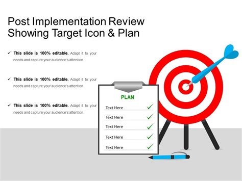 Post Implementation Review Showing Target Icon And Plan Powerpoint