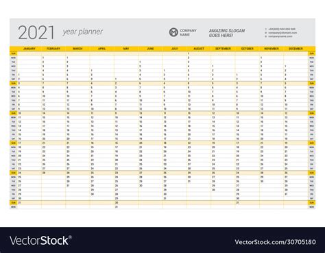Planning is easy to print from a pdf document or save a high quality picture to a png file for further processing in the photoshop graphic editor Calendar yearly planner template for 2021 Vector Image