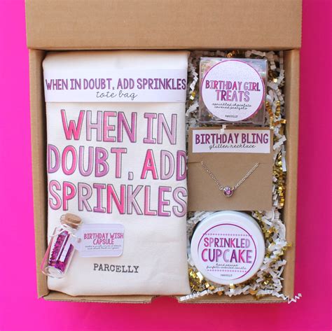 I guarantee you'll have as much fun thinking of goodies to fill it up, as she will opening it and discovering the treasures you've chosen. Best Friend Birthday Gift. Birthday Gift Basket. Birthday Box