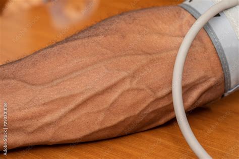 A Closeup View On The Muscular Forearm Of A Man The Veins Bulge During