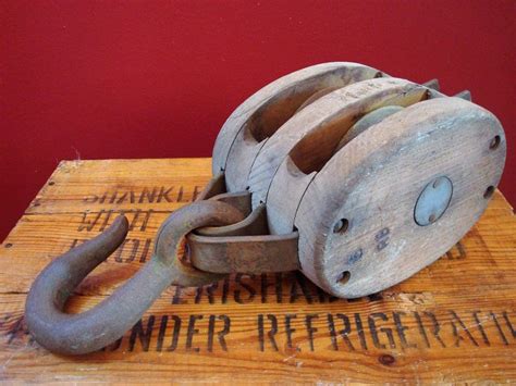 Vintage Large Wooden Block And Tackle Double Pulley With Hook Etsy