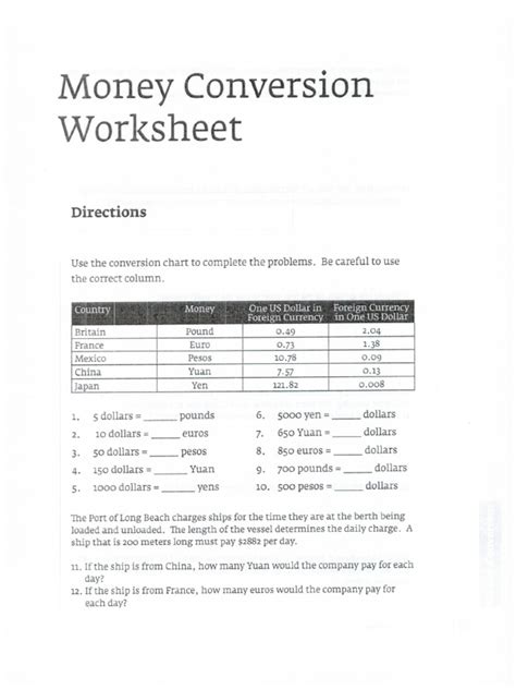 Currency Conversion Worksheets Pdf