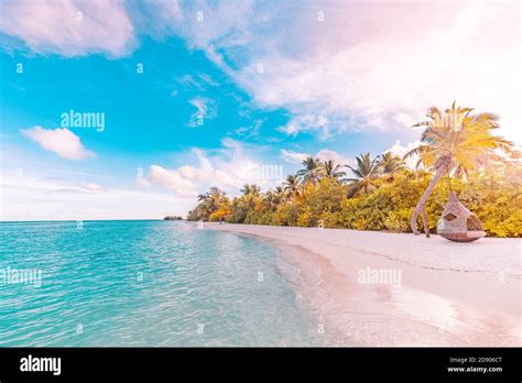 Beautiful Sunrise Paradise Maldives Tropical Beach On Island Summer