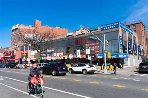 Shops And Restaurants Along A Street In Downtown Flushing Queens Of New York City Editorial