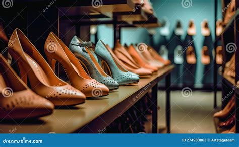 Assortment Of Shoes On The Showcase Of A Shoe Store Al Generated Stock