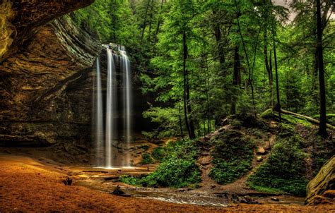 Обои лес водопад Logan Огайо Ohio Hocking Hills State Park