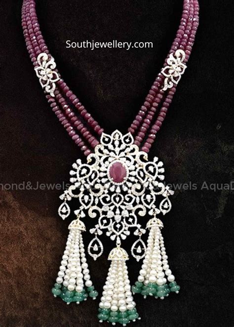 Ruby Beads Necklace With Diamond Pendant Indian Jewellery Designs
