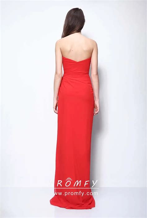 Red Chiffon Thigh High Slit Strapless Prom Dress Promfy