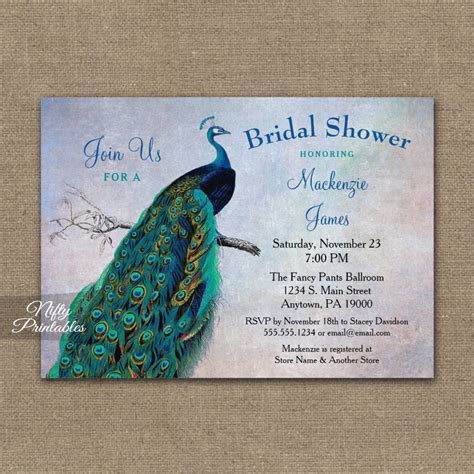 peacock bridal shower invitations blue turquoise nifty printables