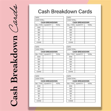 Cash Breakdown Count Sheet Printable Cash Breakdown Cards Etsy Money