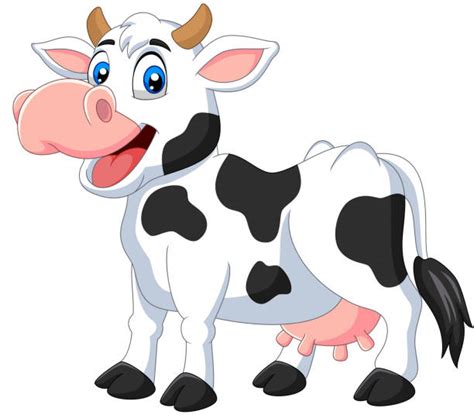 Cartoon Funny Cow In The Farm Landscape Background Illustrations