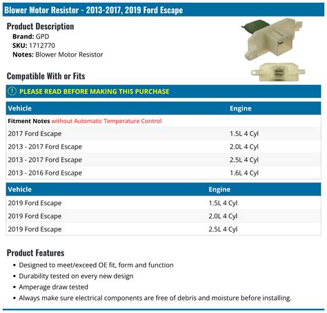 2013-2017, 2019 Ford Escape Blower Motor Resistor - GPD 1712770
