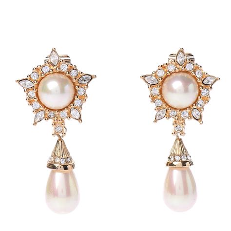 Christian Dior Pearl Crystal Drop Clip On Earrings Gold