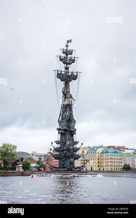 A Peter The Great Statue In Moskva River In Moscow Stands Atop A Tower