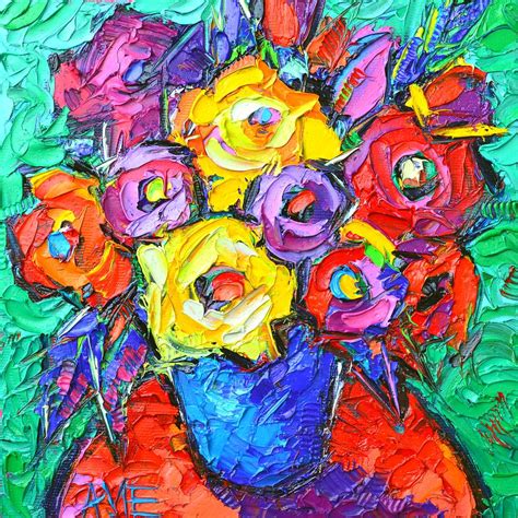 Abstract Colorful Roses Impasto Textural Palette Knife Oil Painting