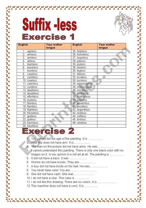 Suffix Less 3 Pages2 Exercises With A Key Esl Worksheet By Allakoalla