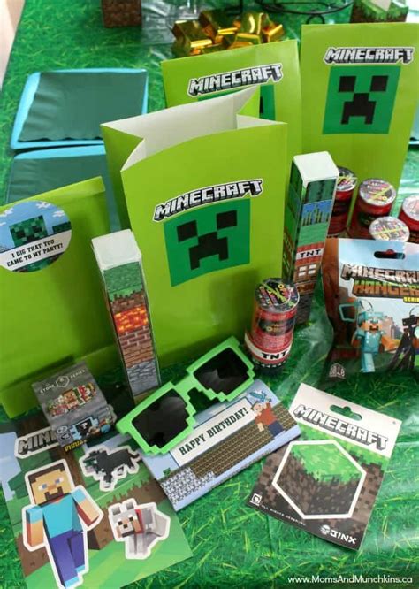 Minecraft Birthday Party Supplies And Games On A Table With Green