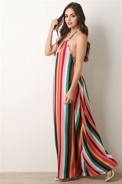 Colorful Stripe Sleeveless Halter Maxi Dress Urbanog Maxi Dress