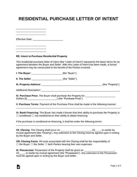Free Letter Of Intent Loi To Purchase Residential Property Pdf