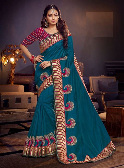 Peacock Blue Designer Partywear Silk Saree Saree Designs Indian