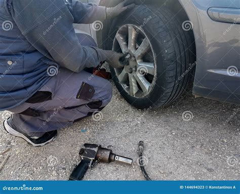 Car Flat Tire Change Replace On The Road Problem Emergency Stock Image