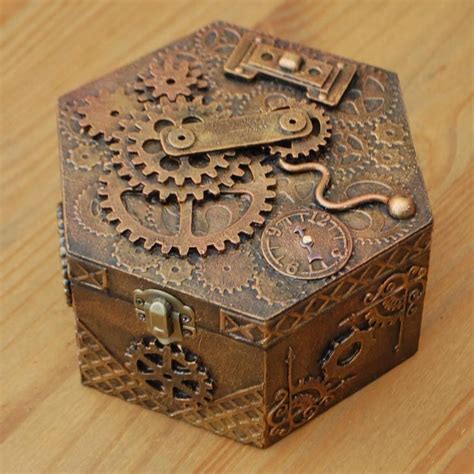 Steampunk Wooden Box Jewellery Trinket Unique Handmade Cogs Gears
