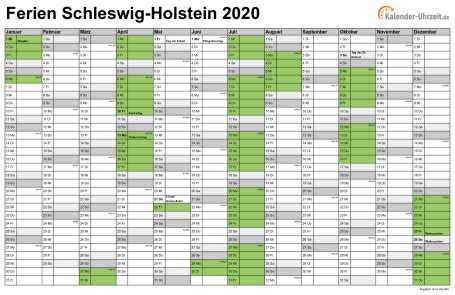 Hälfte mit kalenderwochen und feiertagen. Ferien Schleswig-Holstein 2020 - Ferienkalender zum Ausdrucken
