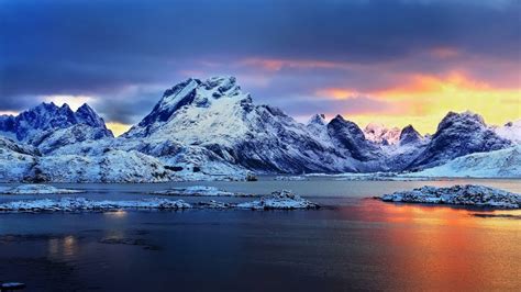 Norway Sunset Snowy Mountains Winter Landscape Hd