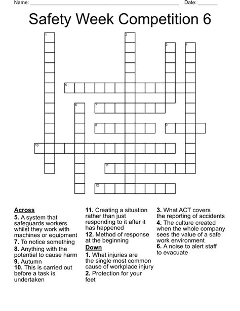 Safety Week Competition 6 Crossword Wordmint